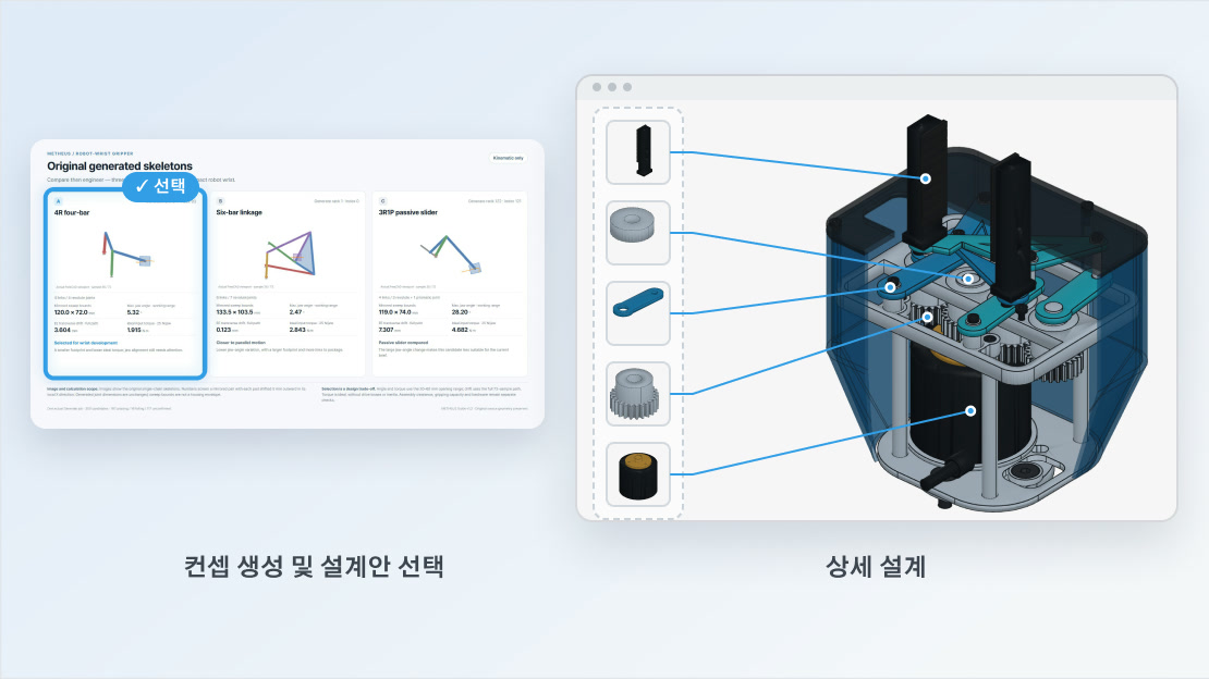 생성된 기구 후보 중 하나를 고르고 3D 상세 설계로 이어지는 화면